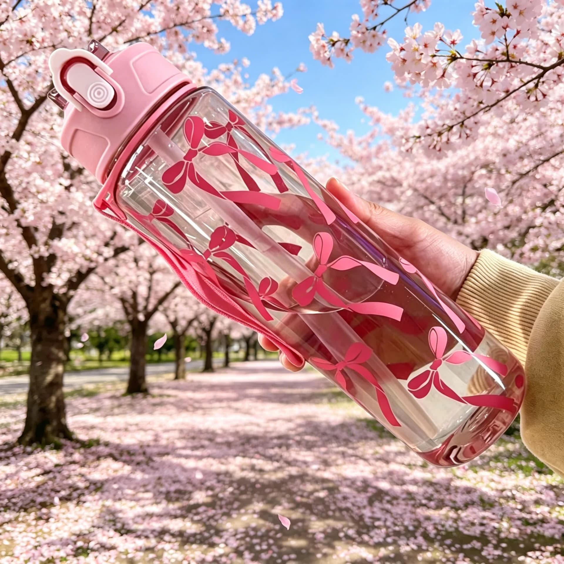 Water Bottle with Full Print of Flowers and Bowknot Patterns, Trendy & Stylish, Lightweight with Portable Lanyard, Durable