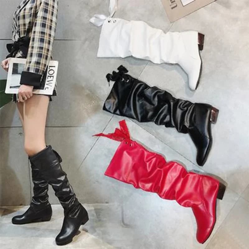 Shoes For Women  Knee High Boots Red Black White Tall Boots Woman Pleated Low Heel Casual Leather Female Long Shoes 2024