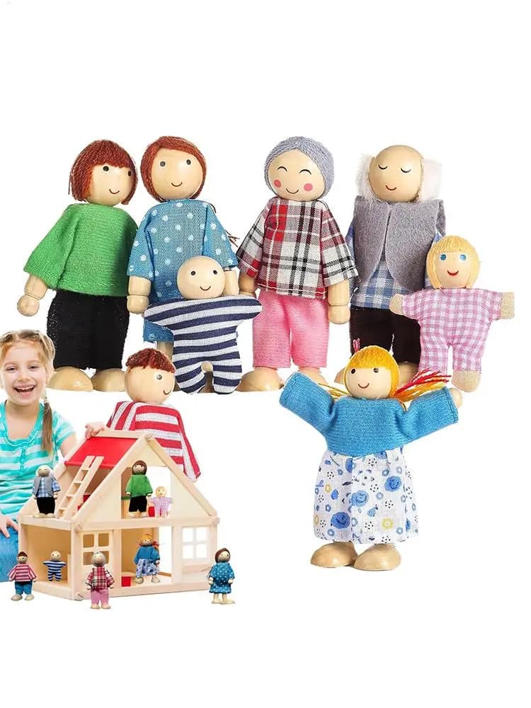 Wooden Doll House Family Figures, 8-Piece Set