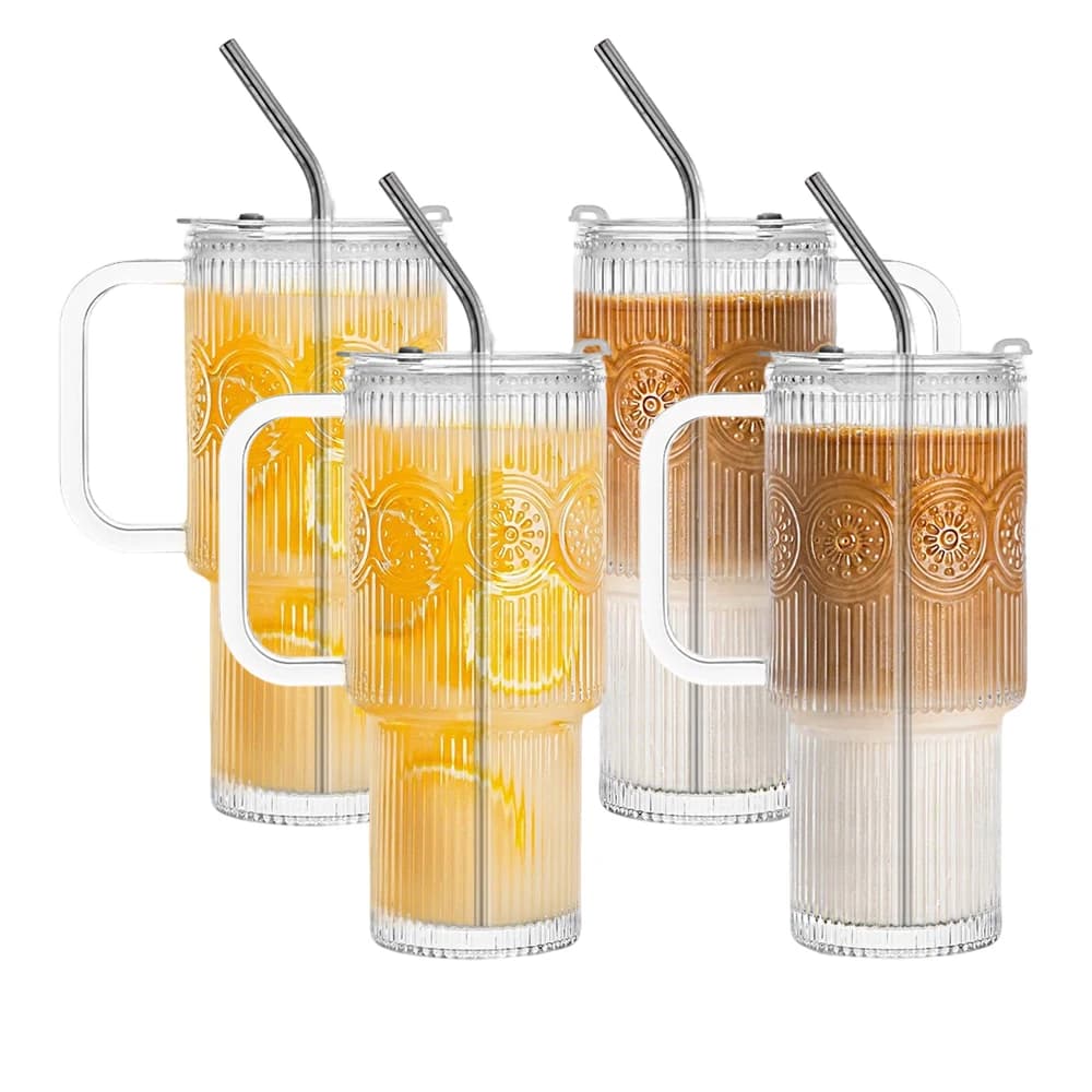 500 ML Ribbed Glass Tumblers with Lids and Straws