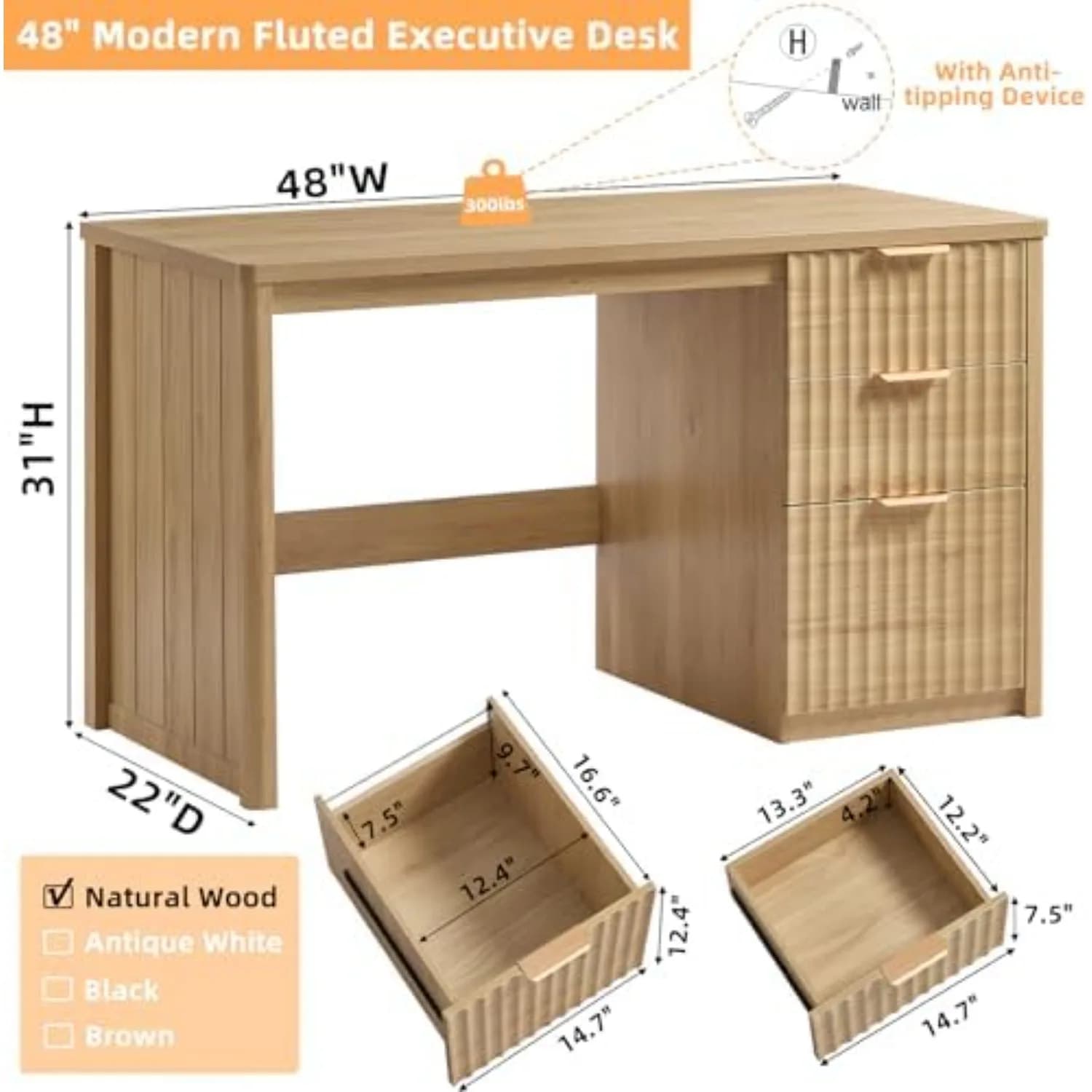 Office Desk 48" with 3 Drawers Storage File Cabinet | Wood Fluted Work Study Escritorio Desks for Computer Office