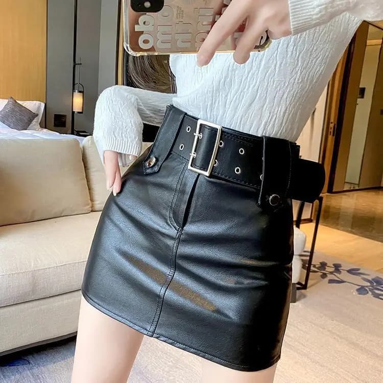 Black Vintage Leather Button Mini Skirt