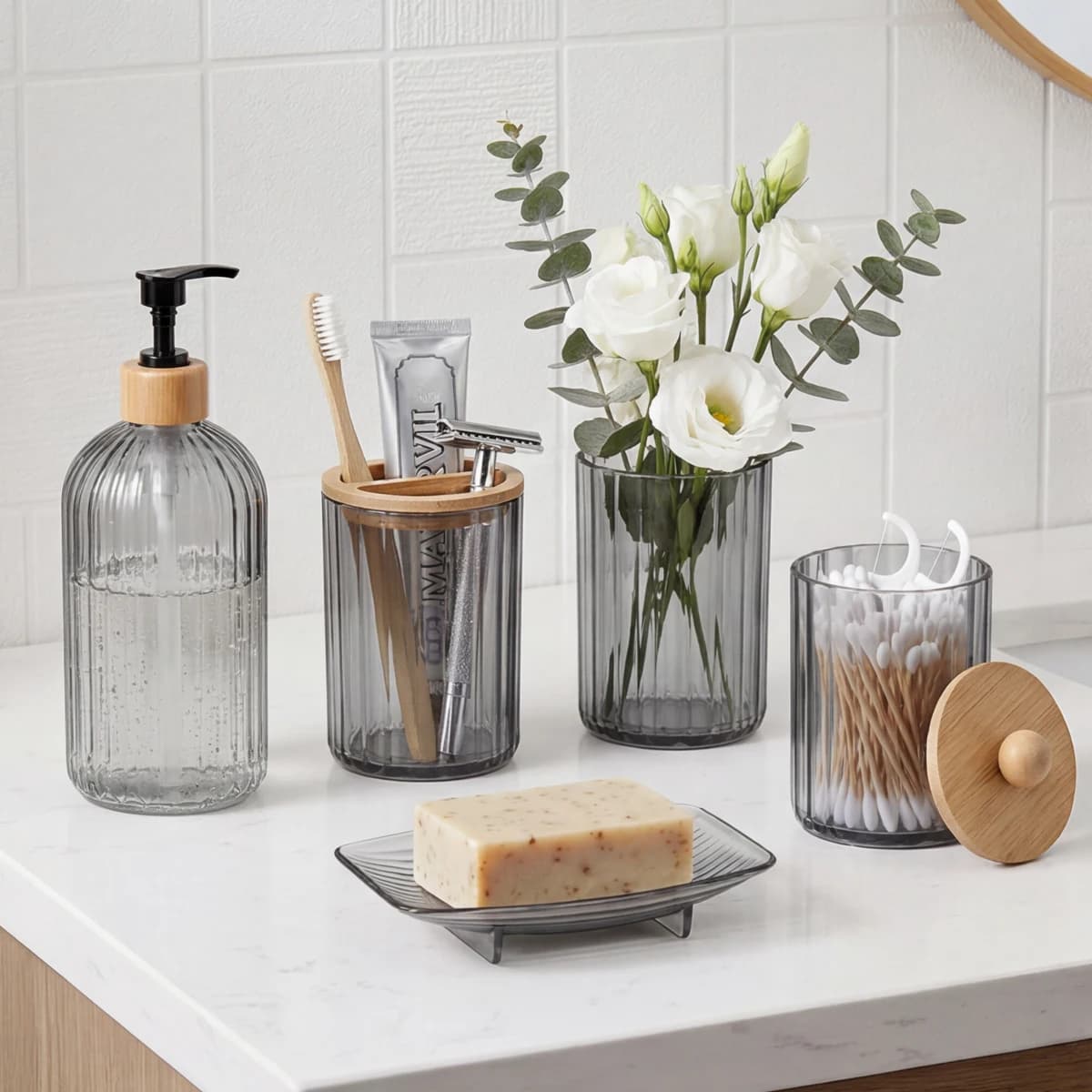 Bathroom Accessories Set, Toothbrush Holders Set Complete with Soap Dispenser, Bathroom Vanity Storage Cups and Cotton Swab Jars