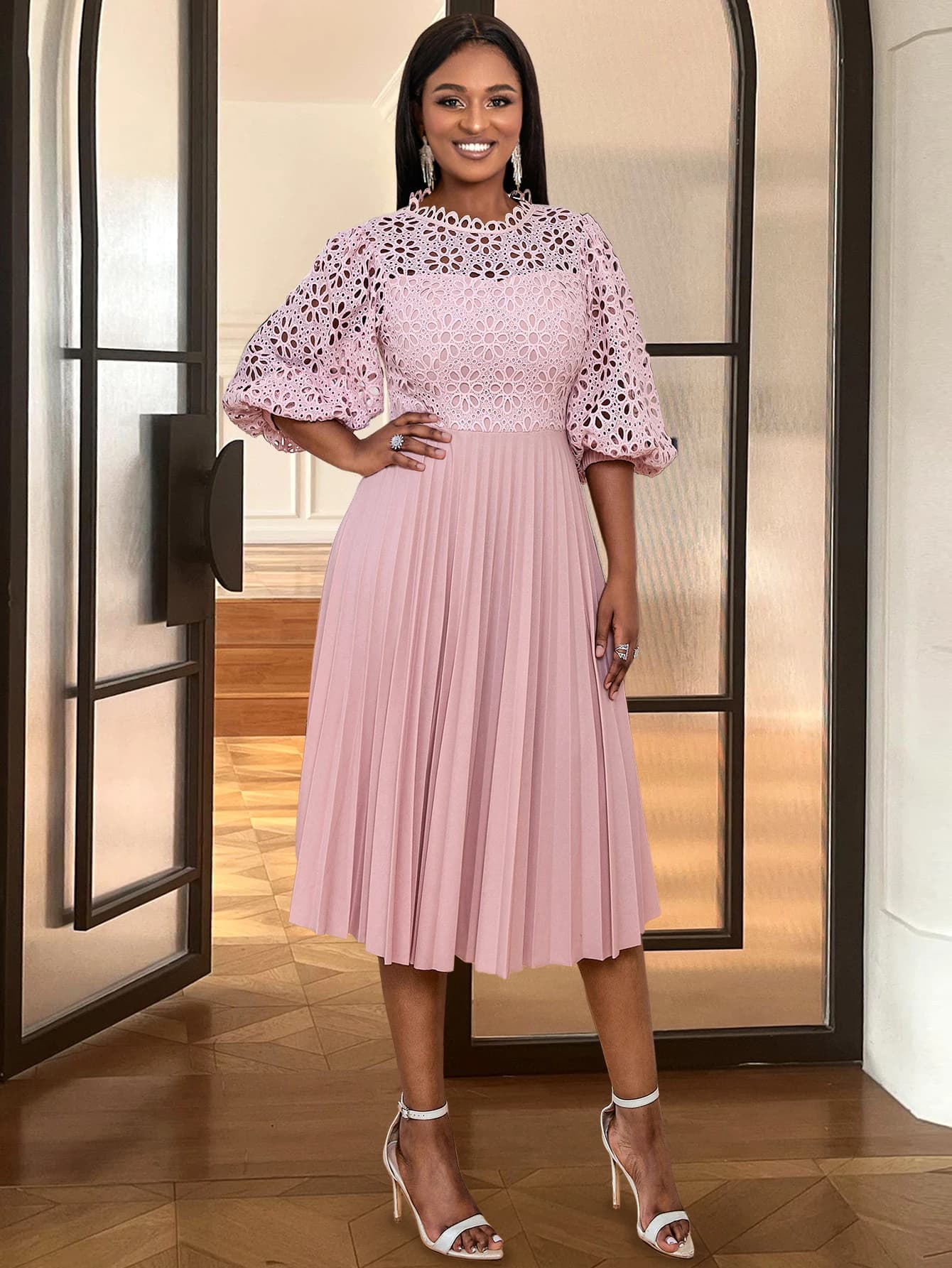 White Lace Puff Sleeve Pleated A-Line Dress