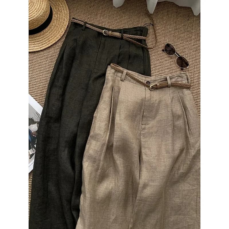 Khaki Linen Wide-Leg High-Waist Summer Pants
