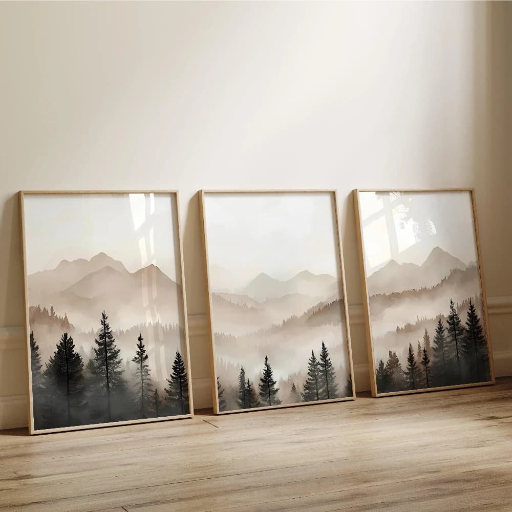 Abstract Foggy Mountains Triptych Print Set