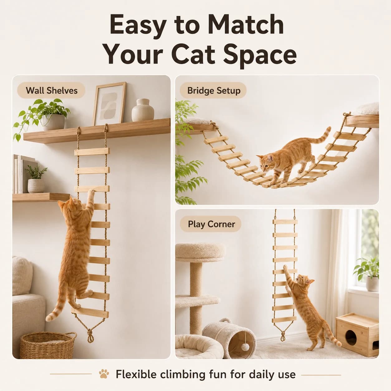 Natural Wood Cat Climbing Ladder Bridge