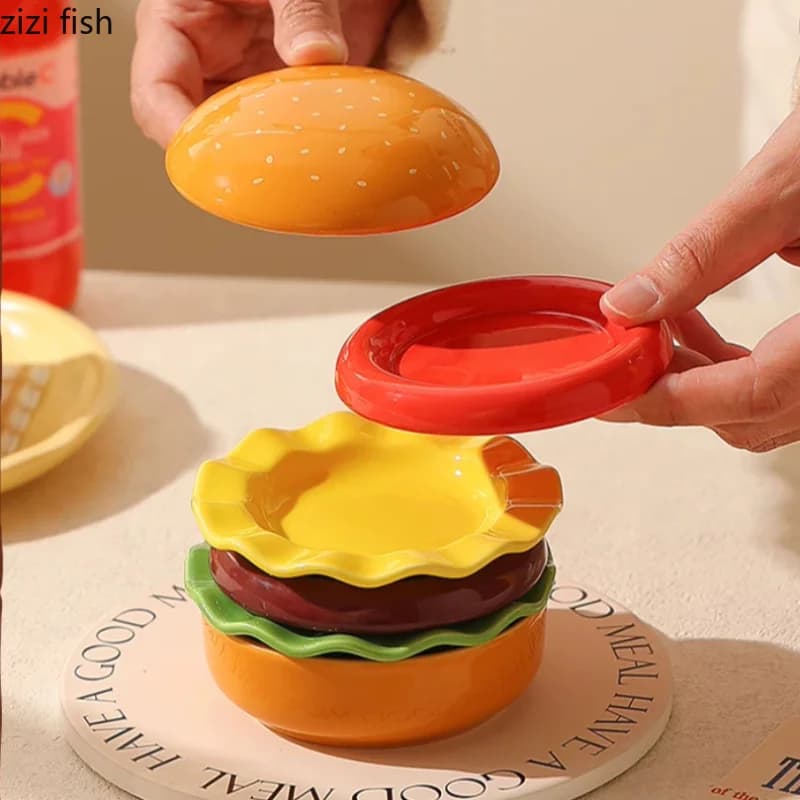 Ceramic Burger Plate Set With Dipping Dishes