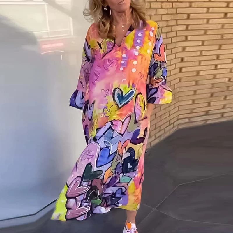 Vintage Print Maxi Dress with Long Sleeves