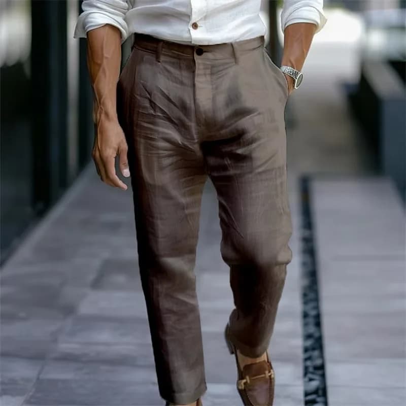 Men's Khaki Linen Blend High Waist Tapered Ankle Pants