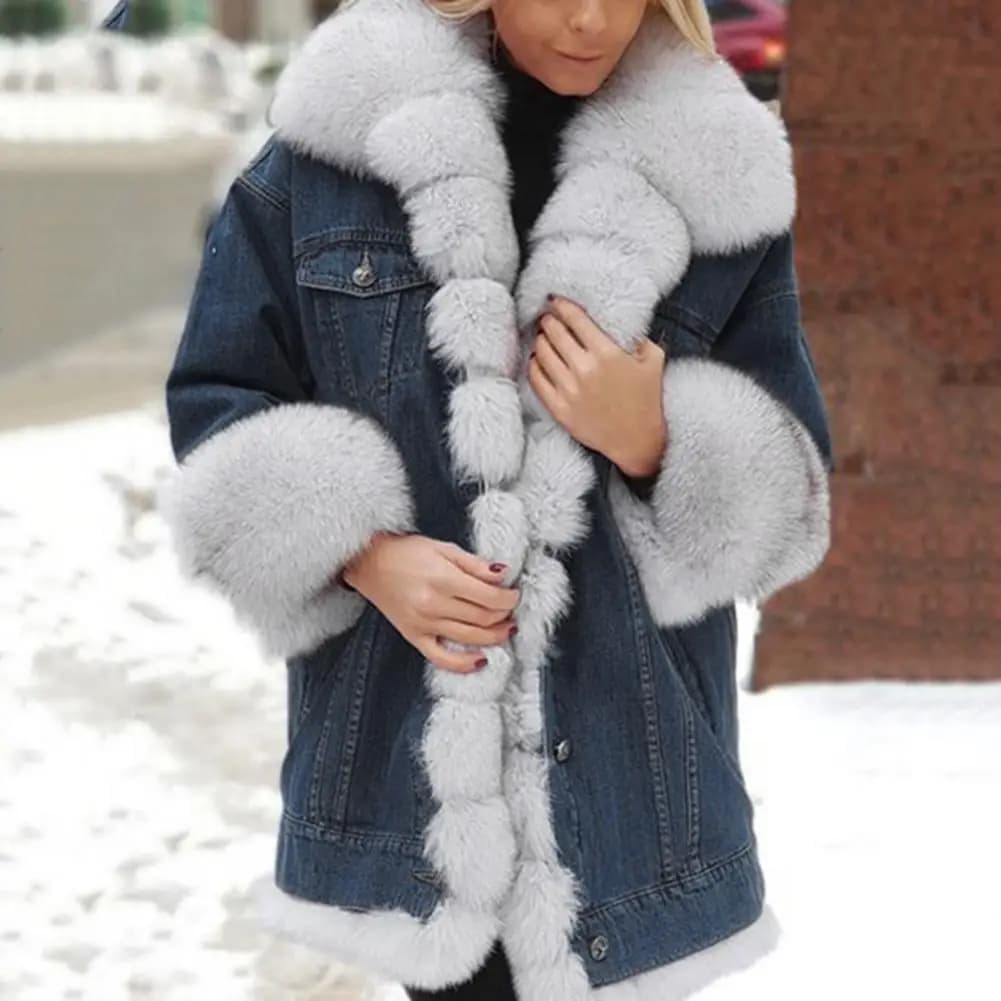 Women's Winter Denim Jacket with Faux Fur Trim