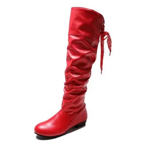 Shoes For Women  Knee High Boots Red Black White Tall Boots Woman Pleated Low Heel Casual Leather Female Long Shoes 2024