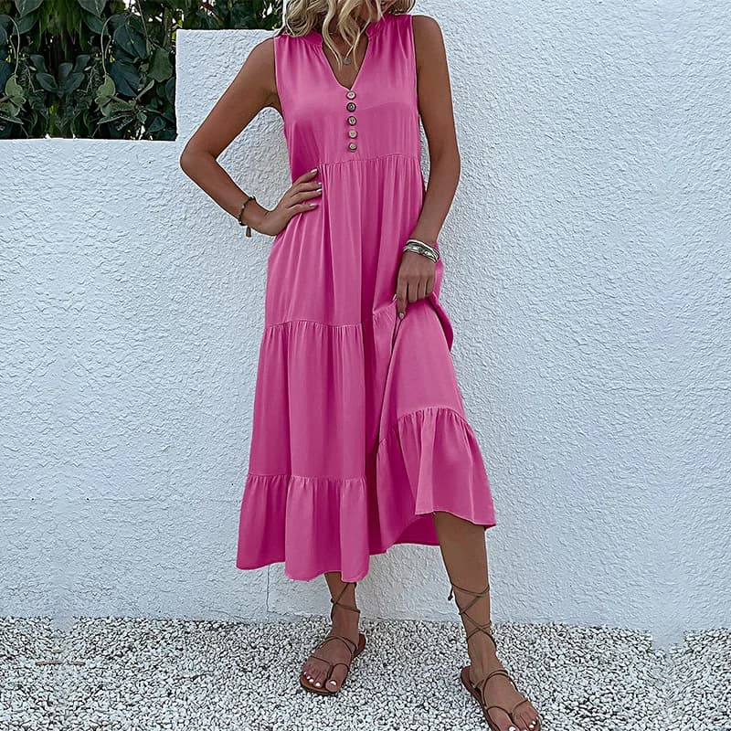 Casual Summer Midi Dress Sleeveless V-Neck