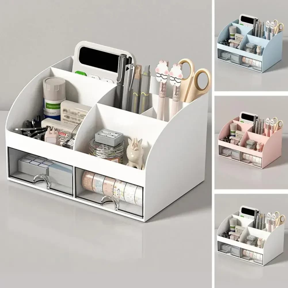 Desk Organizer with 2 Drawers, Plastic Cosmetic Storage, Desktop Organizer Set, Pencil Holder, Perfect for Storage WORLDKPI
