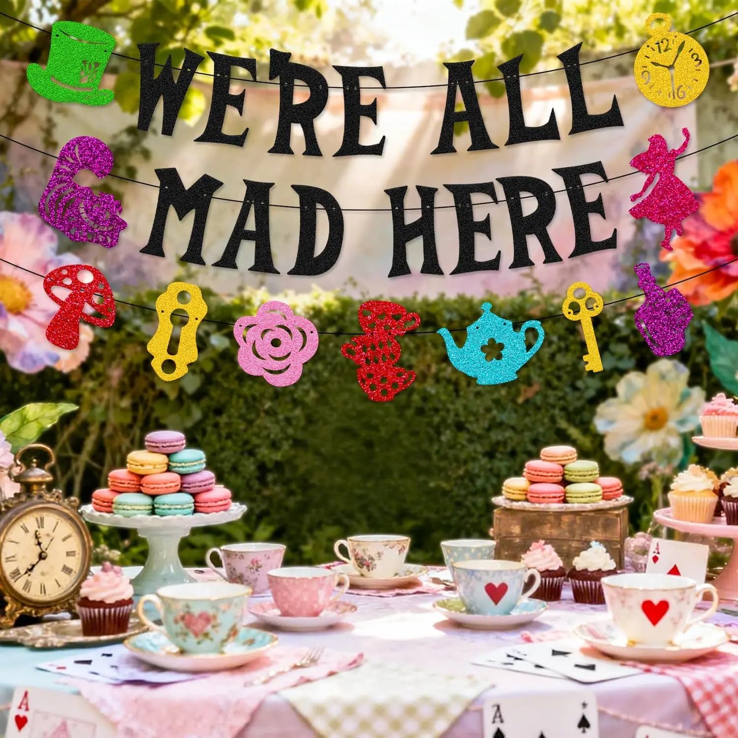 We’re All Mad Here Banner Fantasy One Years Old Birthday Party Decorations Welcome Baby Girl Boy Afternoon Tea Party Supplies