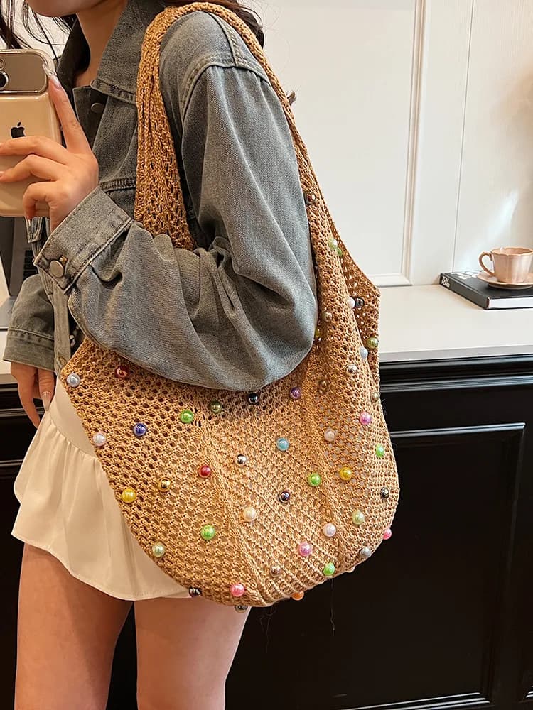 Knitted handbag, hand-held handmade woven bag, hollowed out casual small handbag, vest, large capacity crossbody bag