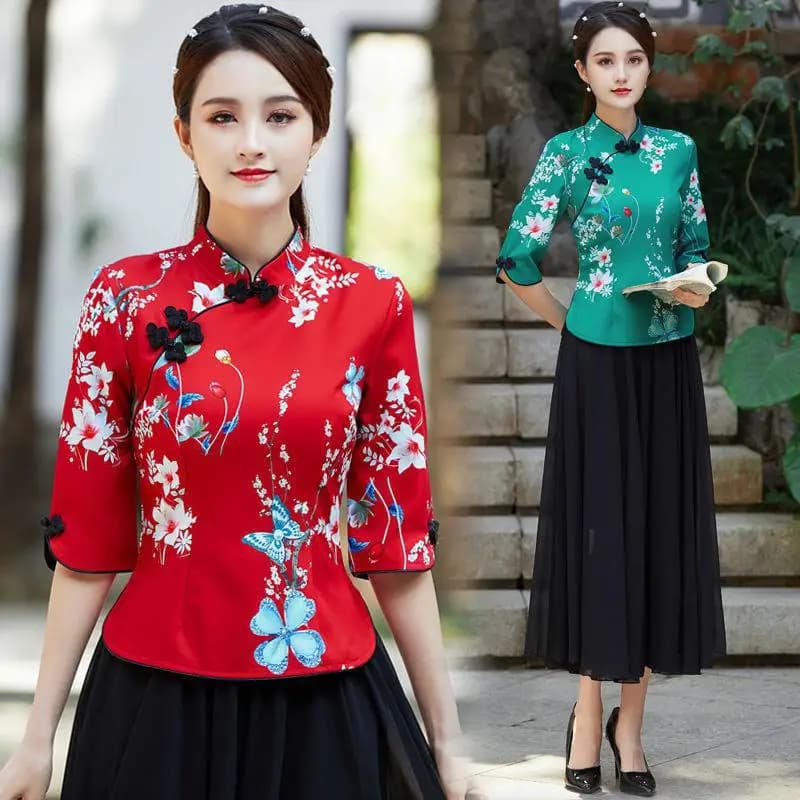 Embroidered Qipao Cheongsam Top with Pants Set