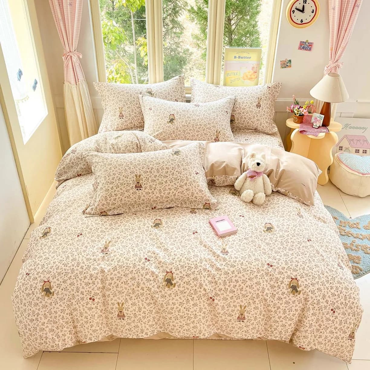 Cartoon Print 100% Cotton Bedding Sets Queen King Floral Duvet Cover Set with Flat Sheets and Pillowcase Single Double Bed Set