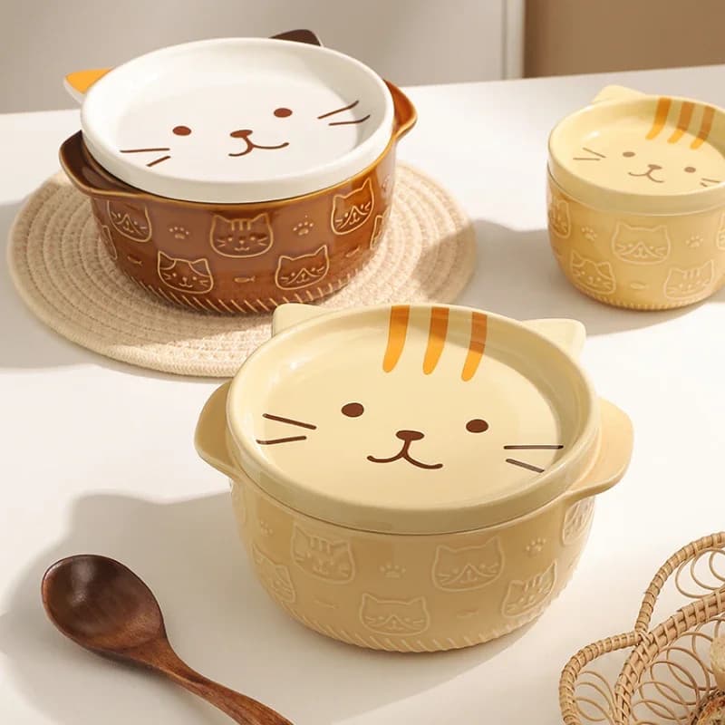 Ceramic Cat and Dog Noodle Bowls with Lids