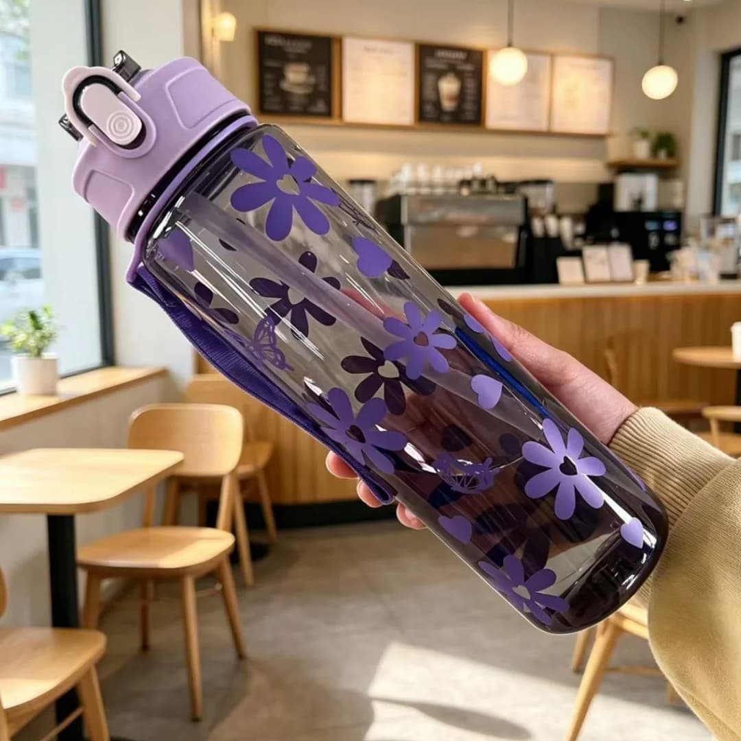 Water Bottle with Full Print of Flowers and Bowknot Patterns, Trendy & Stylish, Lightweight with Portable Lanyard, Durable