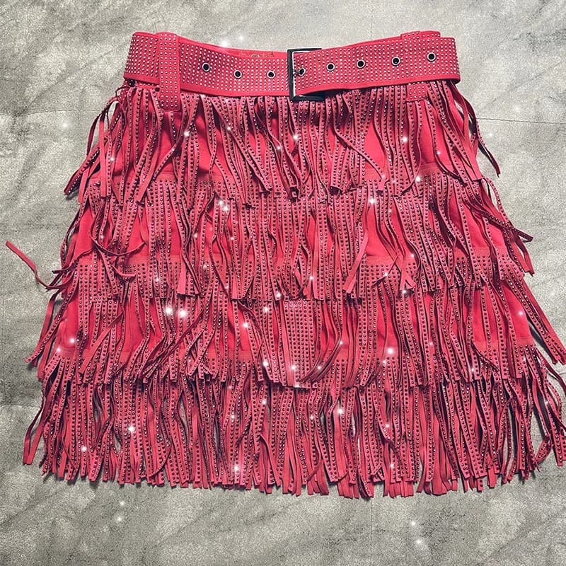 Women's High Waist A-Line Rhinestone Fringe Skirt