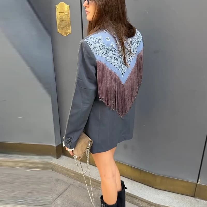 Women's Bandana Print Blazer with Fringe Shawl Back