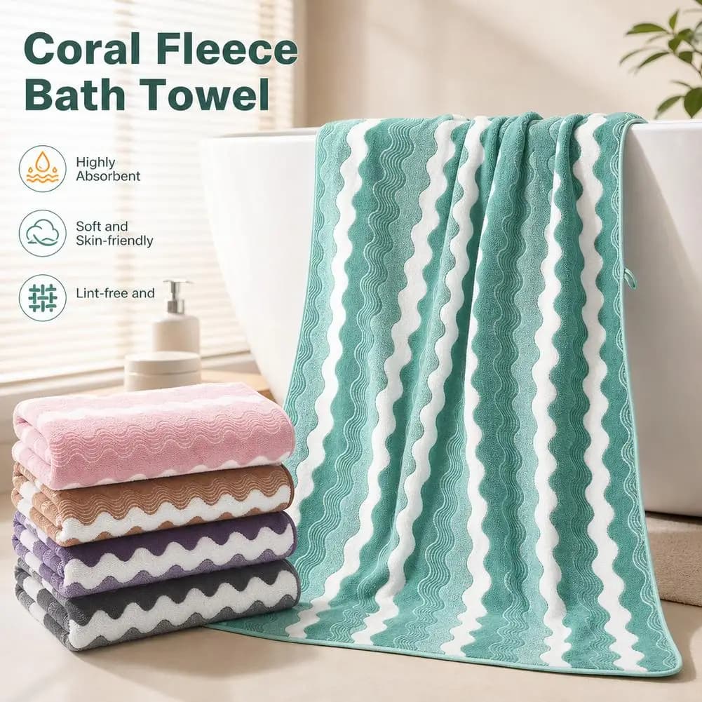 Coral Fleece Bath Towel Wave Stripe