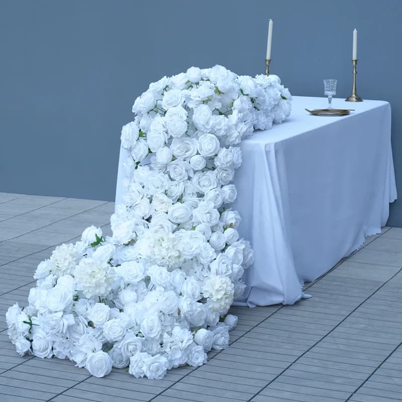 Pure White Silk Rose Flower Row Runner