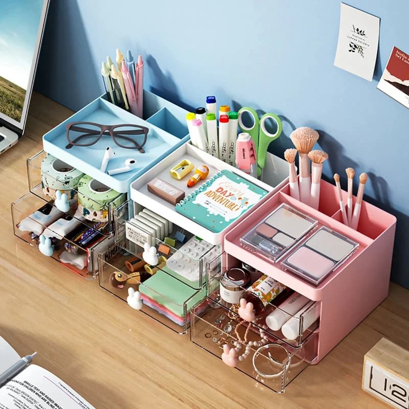Small Desk Organizer With Drawer, Office Desktop Storage Box, Makeup Organizer, Business Card/Pen/Pencil/Mobile Phone/Stationery