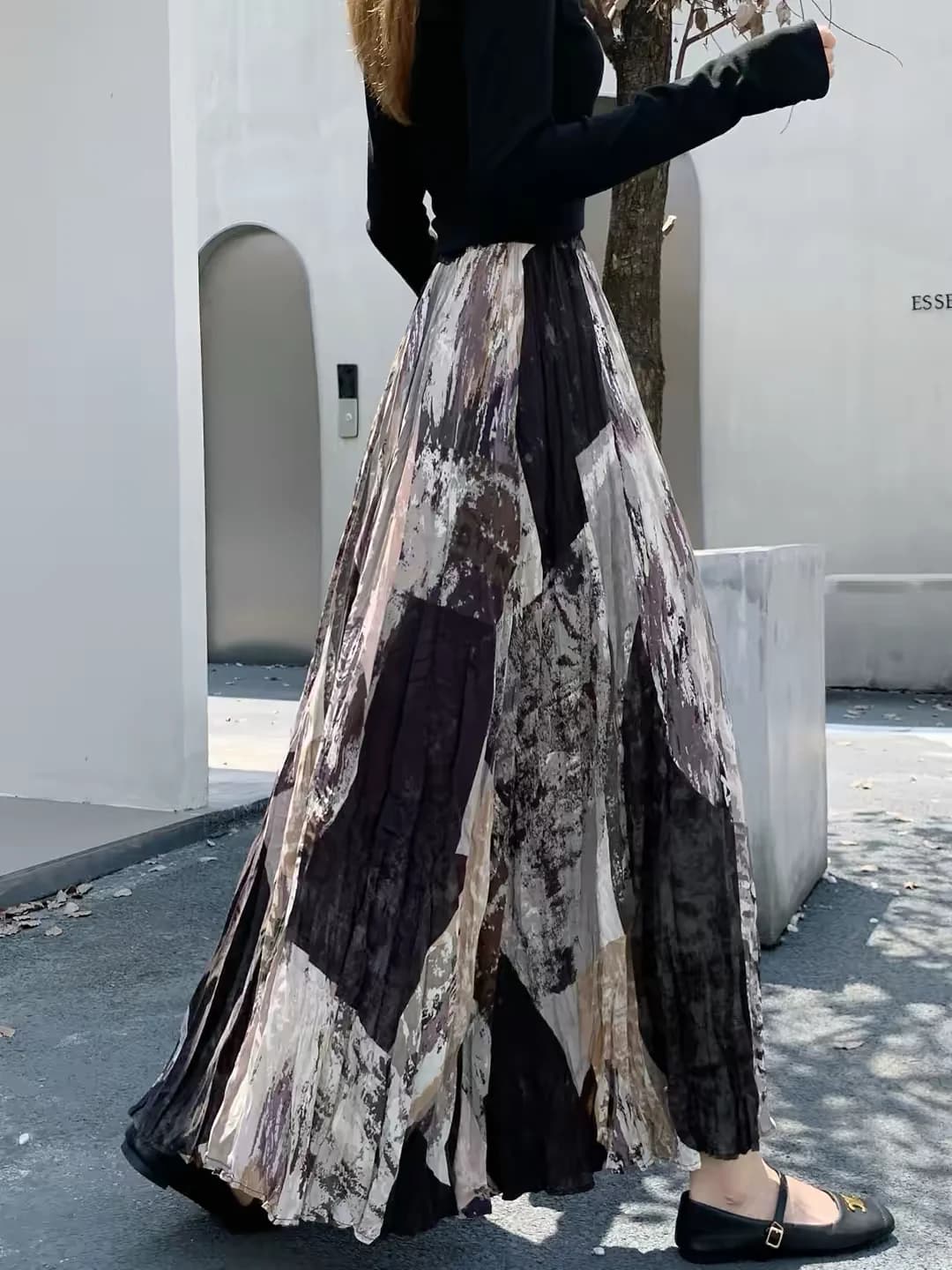 Fall Printed Pleated Maxi Skirt