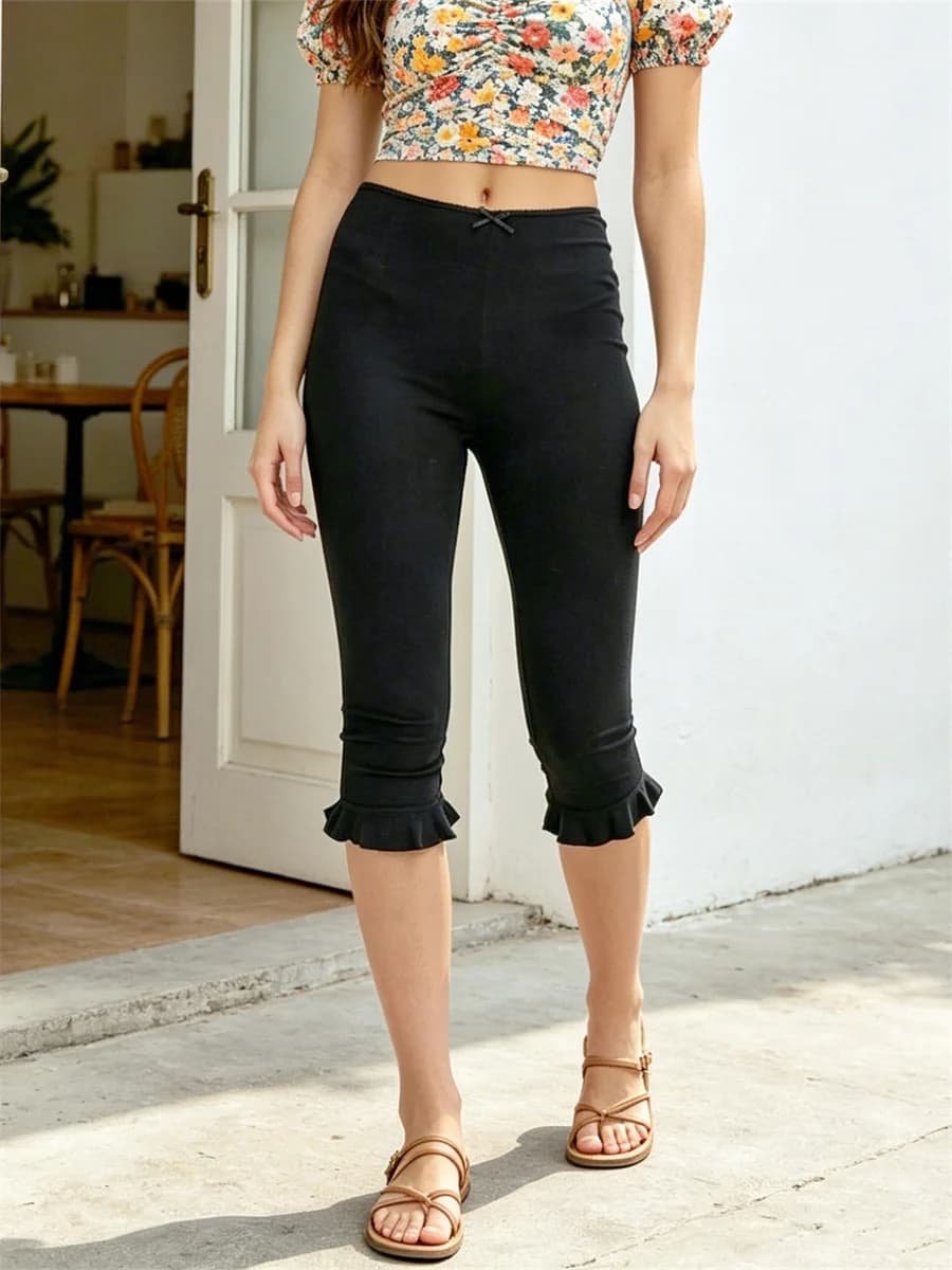 Women's Flared Capris Pants with Bow Tie Detail