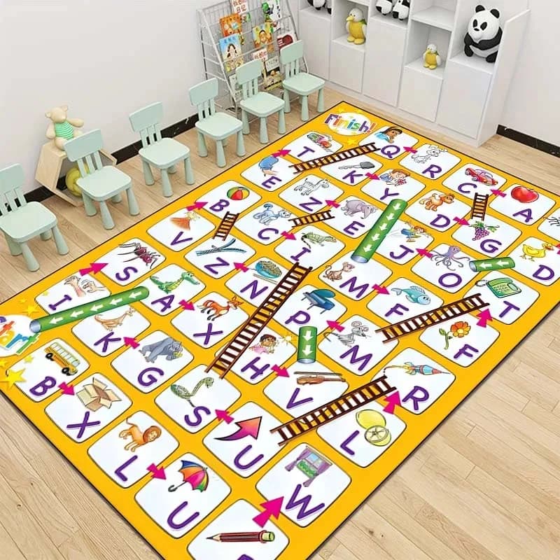 Kids Game Pattern Floor Mat Various Styles with Snakes Ladders Alphabet and Space Themes NonSlip Rug for Children's Room Decor