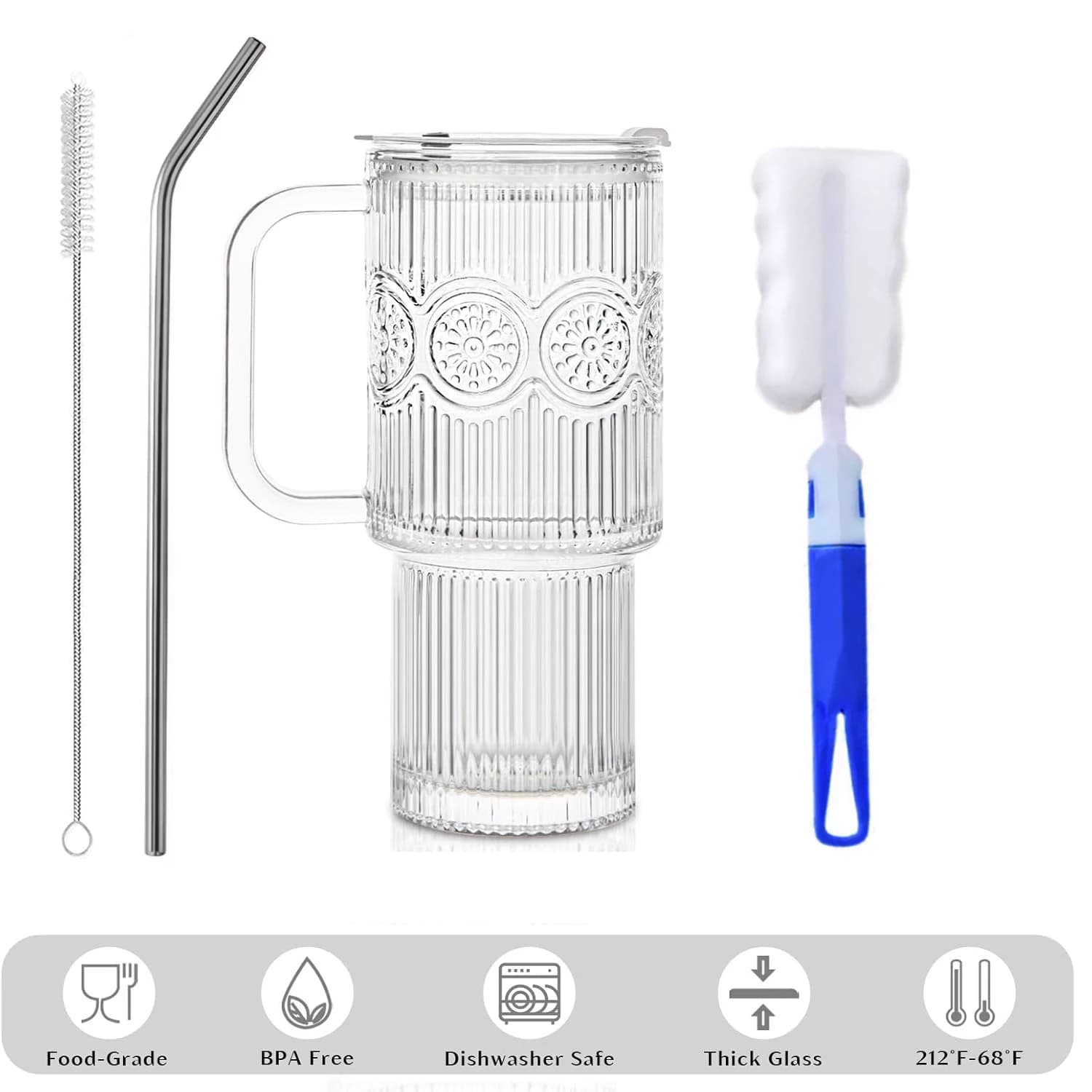 500 ML Ribbed Glass Tumblers with Lids and Straws