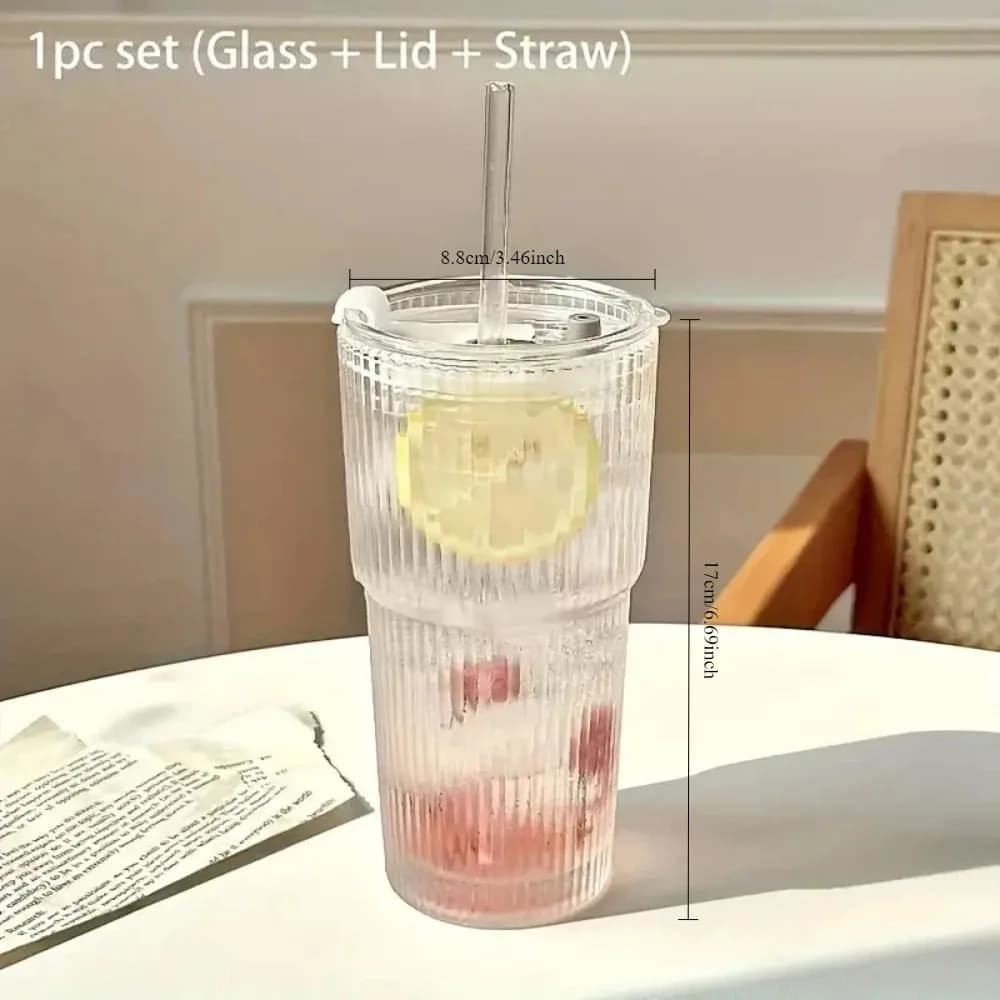 Glass Cup with Lid and Straw Set
