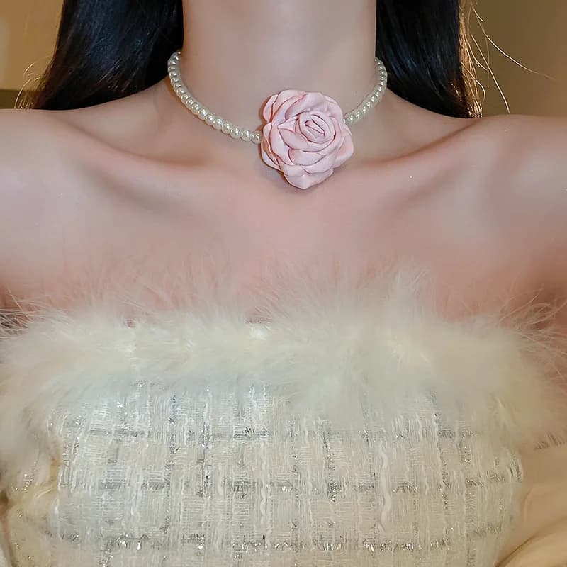 4 Pcs Jewelry Sets for Women Fabric Flowers Necklace Bracelet Earrings French Fashion Retro Style Girl Party Accessories Set