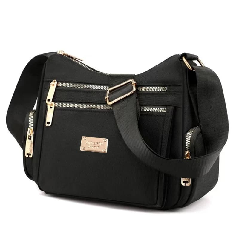 Women's handbag in various colors, multi-layered with zippers, can be worn diagonally or carried on the shoulder.
