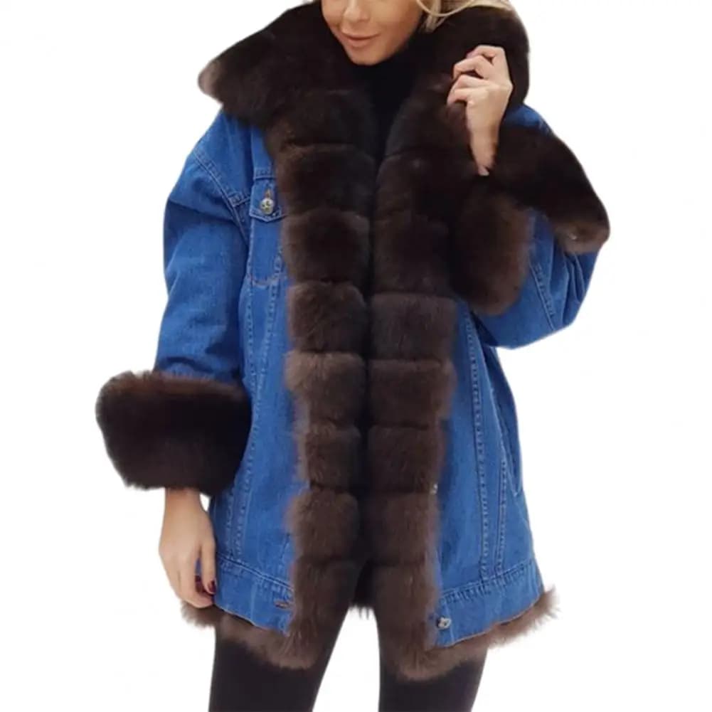 Women's Winter Denim Jacket with Faux Fur Trim