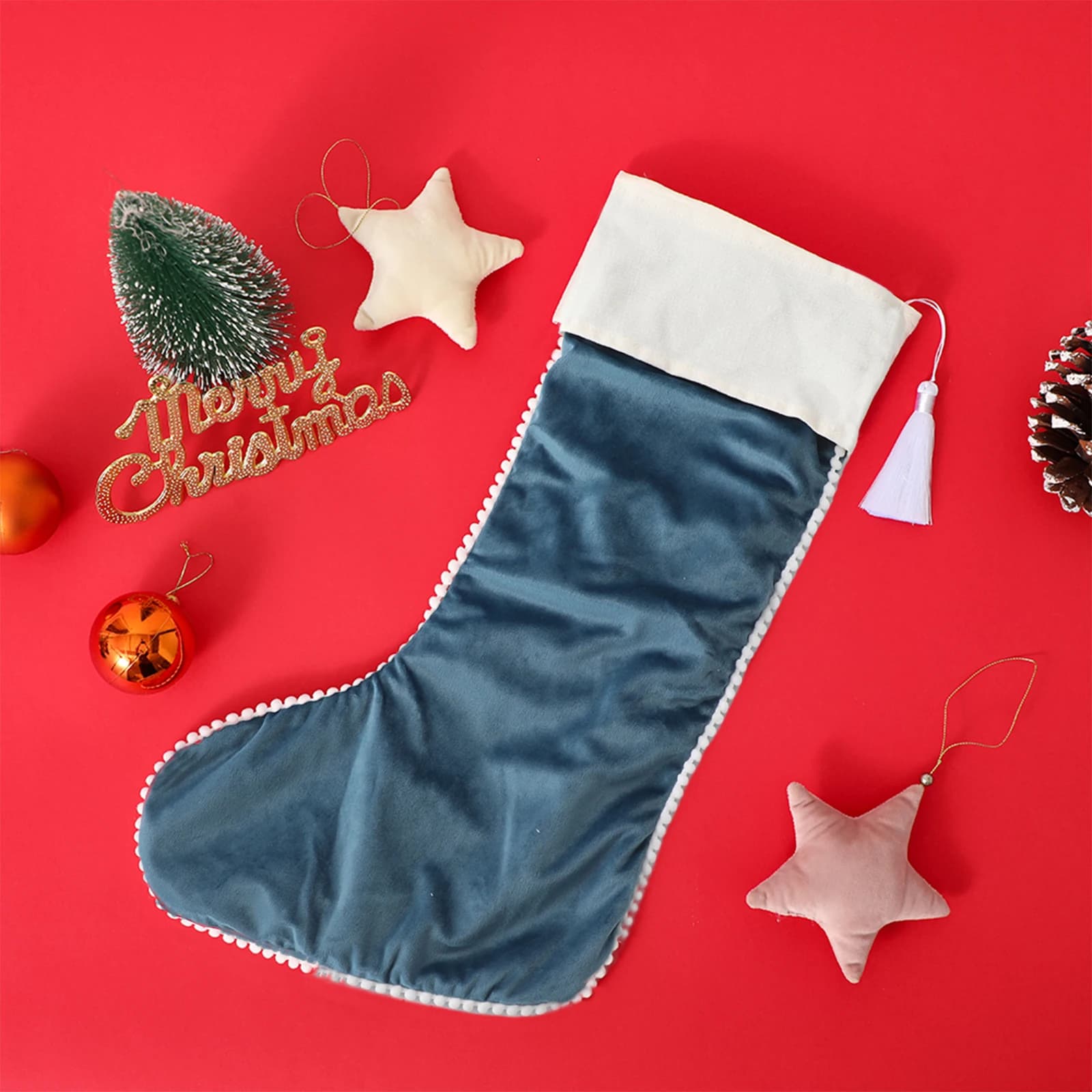 Velvet Christmas Stockings with Pom Trim