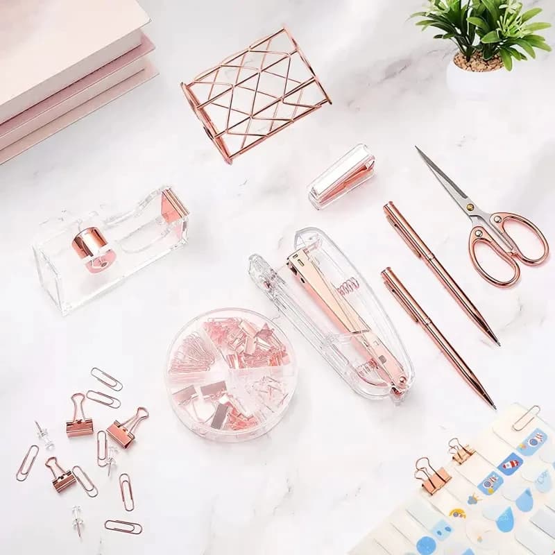 Complete Office Supplies Set -Acrylic Stapler Tape Holder Pen Holder Ballpoint Pens Scissors Binder Paper Clip Staples