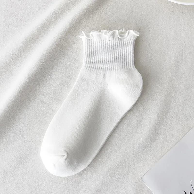 Cotton Ankle Socks Women Ruffles Black White