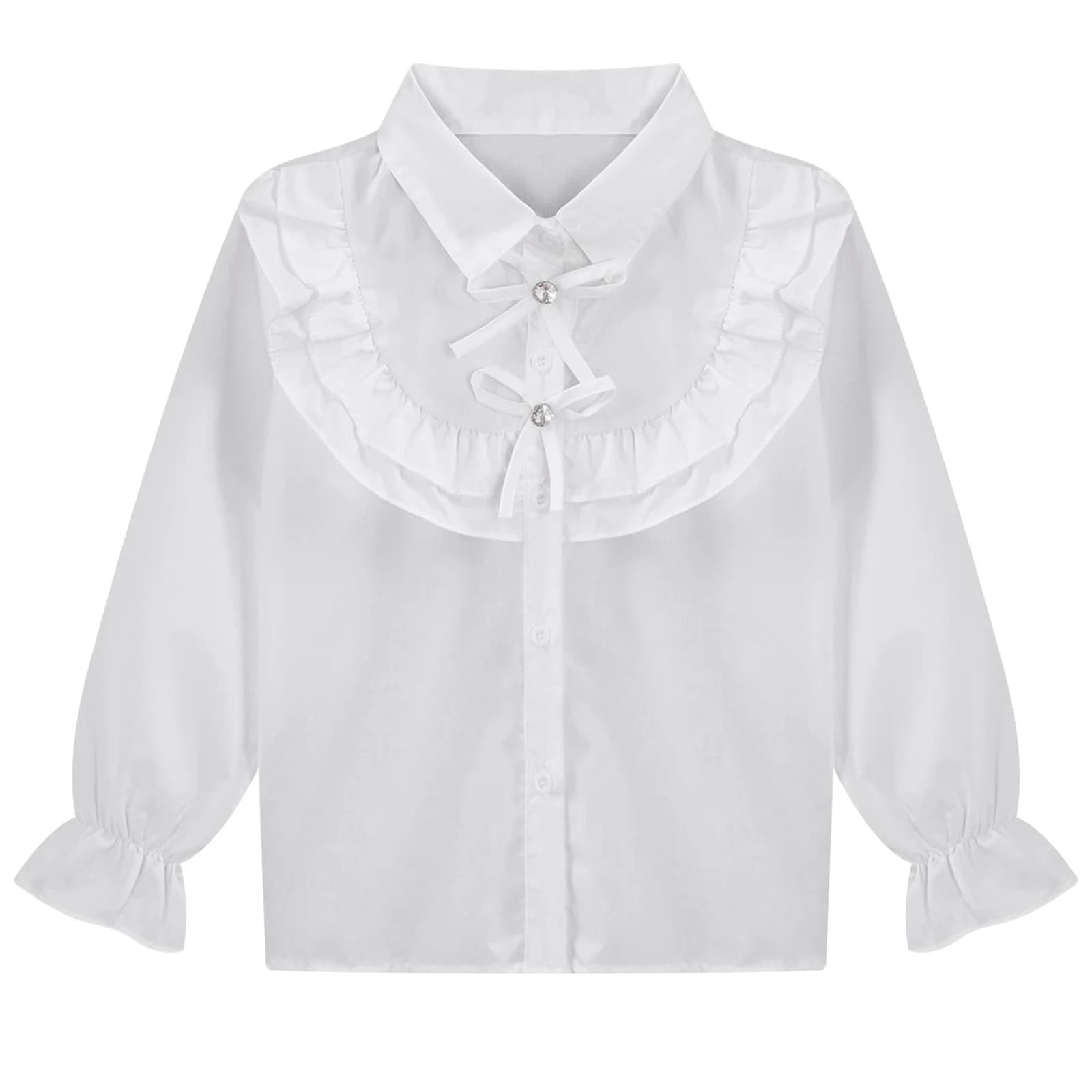Girls White Ruffled Long Sleeve Button Down Blouse