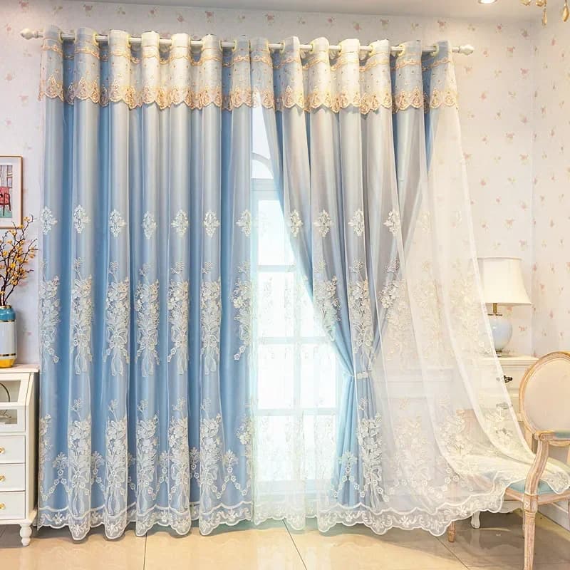 Embroidered Blackout Curtain Panel with Sheer Tulle