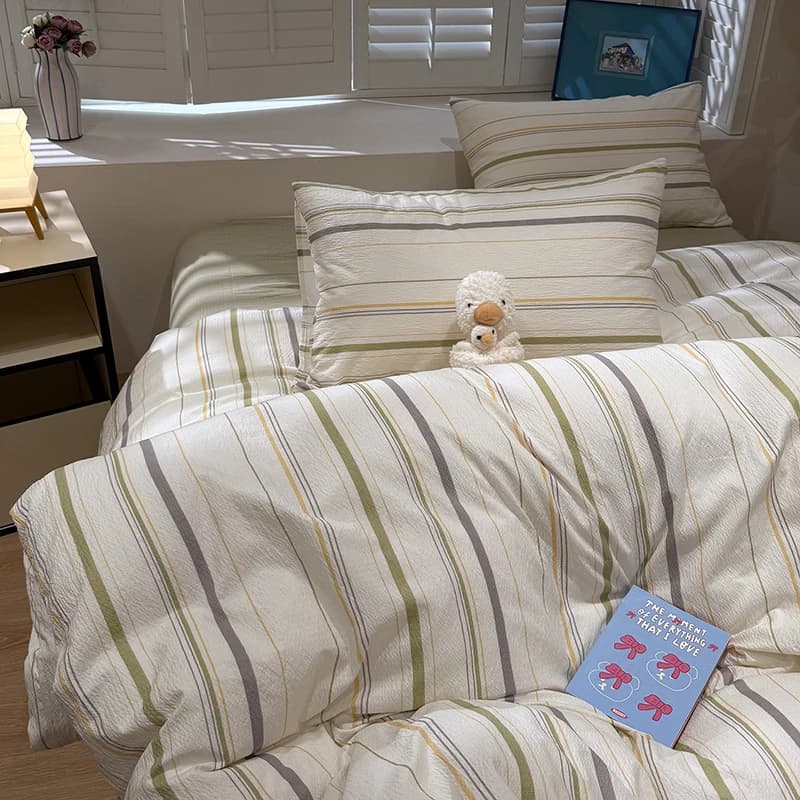 4Pcs Geometric Bedding Set for Four Seasons Soft Stripe Printing Skin-Friendly Bed Sets Single Fitted Sheet Kit with Quilt Cover