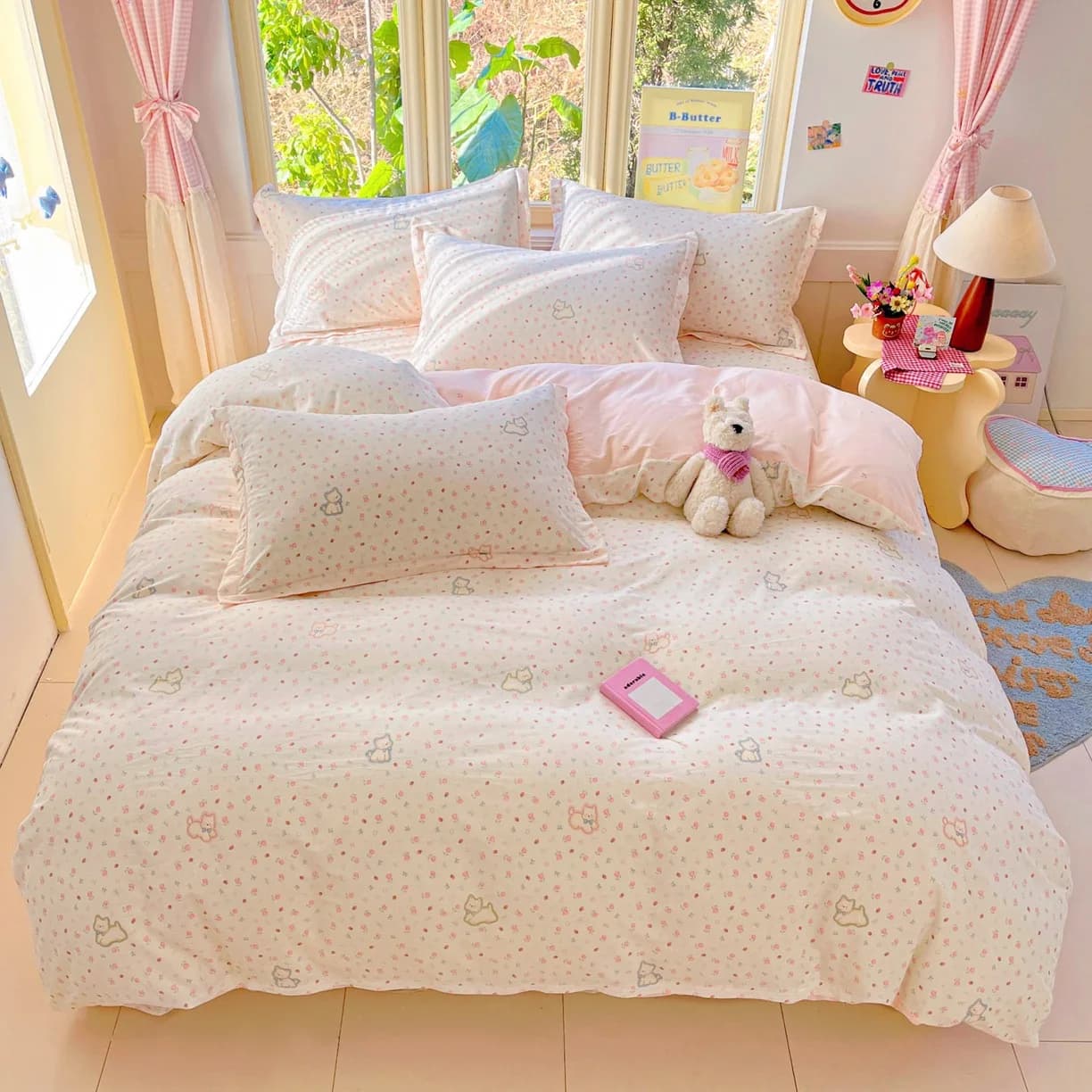 Cartoon Print 100% Cotton Bedding Sets Queen King Floral Duvet Cover Set with Flat Sheets and Pillowcase Single Double Bed Set