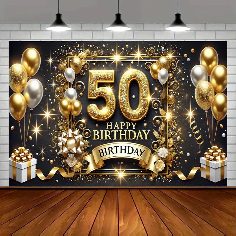 50th Birthday Party Banner Gold Black