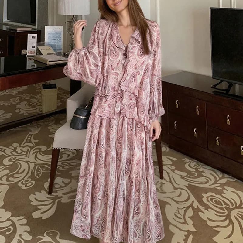 Women Fashion Printed Dresses Female Long Sleeve V-Neck Evening Dress Spring Summer Chic Streetwear Lady Elegant Chiffon Dresses