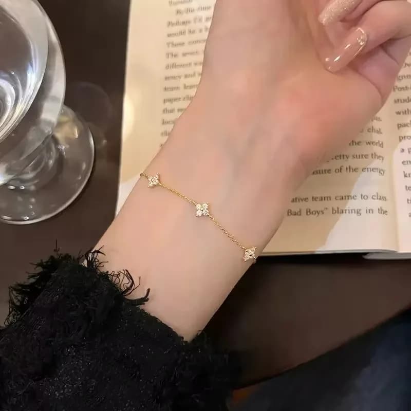 Crystal Four Leaf Flower Gold Stainless Steel Bracelet