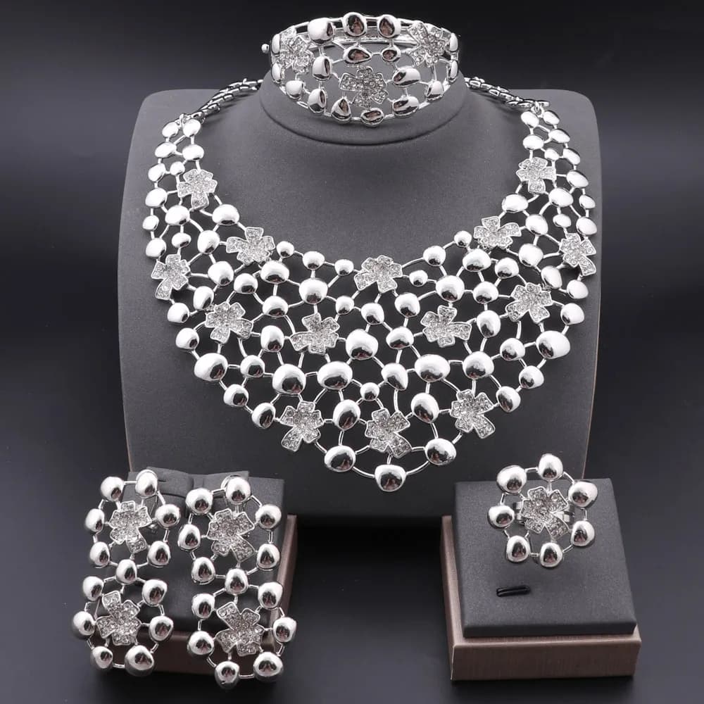 Elegant Jewelry Sets Dubai Silver Plated Jewelry Women Necklace Bracelet Earrings Ring Bride Wedding Party Accessories