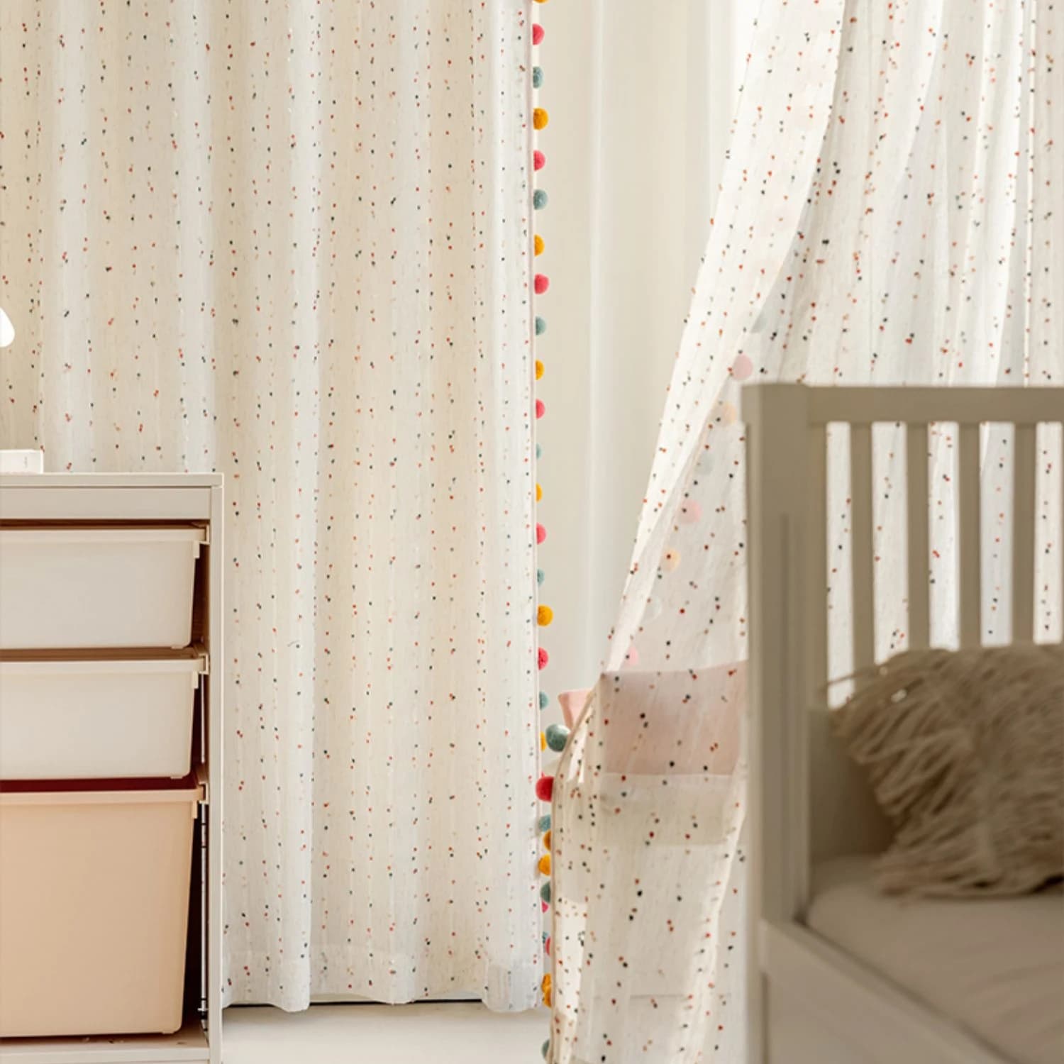 Rainbow Stripe Sheer Curtain Panels with Pompom Trim