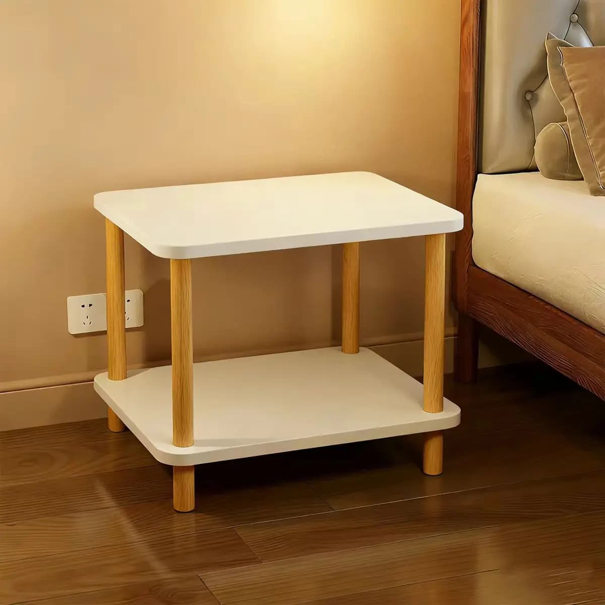 Bedside Table | Minimalist Nightstand for Rental & Bedroom | Storage Side Cabinet with Solid Wood Legs | Small Square Side Table